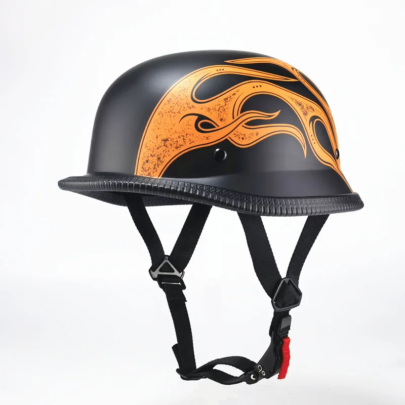 Vintage Flame Motorcycle Helmet, German Style Half Helmet, Lightweight Protective Skull Cap for Cruiser Riding