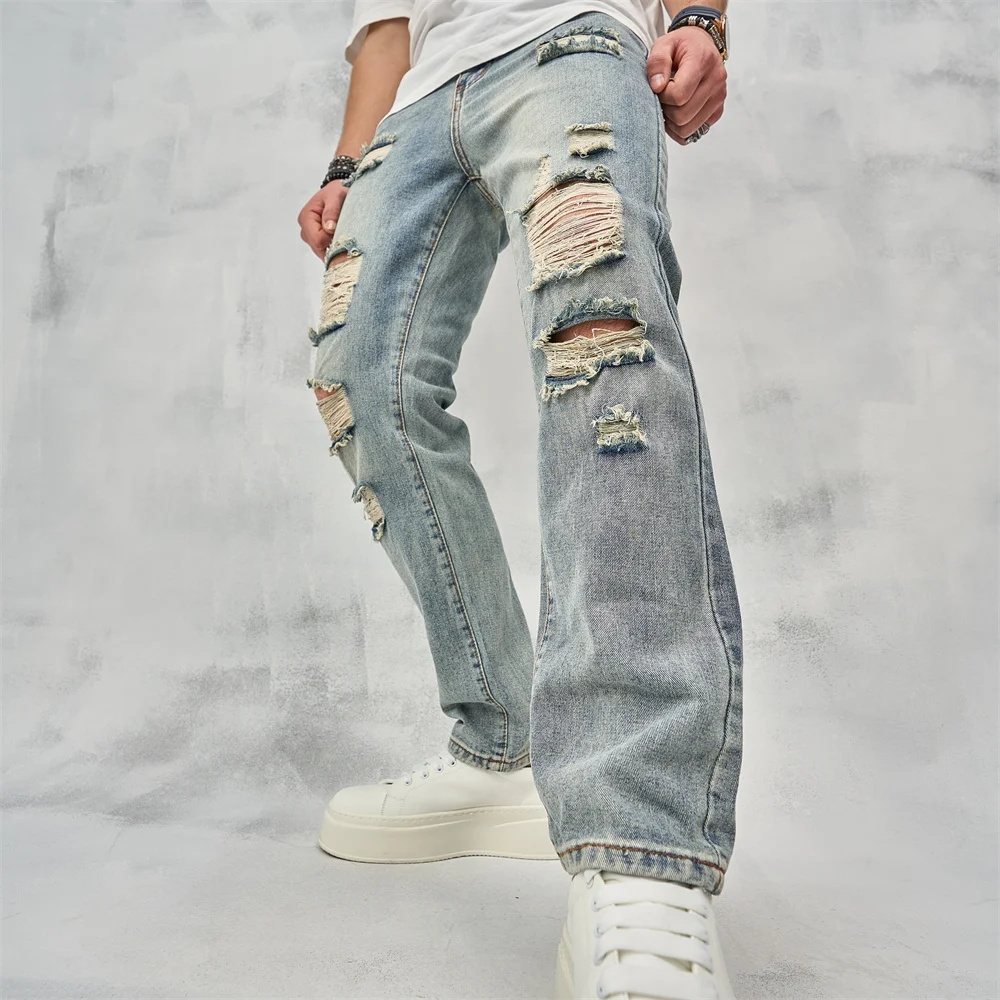 Streetwear Men Spring Loose Holes Distressed Straight Jeans Pants Stylish Retro Male Casual Denim Trousers