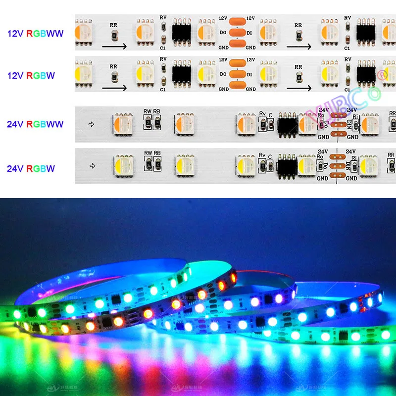 5M 12V 24V RGBW rgbww 4 in 1เทปแถบไฟ LED ไฟแอดเดรส WS1814A SMD 5050 RGB + แถบแสงสีขาว/อบอุ่นสีขาววงจรรวมภายนอก