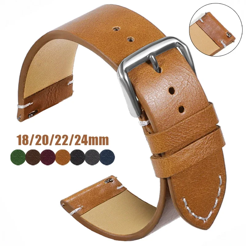 Genuine Leather Strap 18mm 20mm 22mm 24mm Vintage Cowhide Watch Band Retro Soft Sport Universal Bracelet Quick Release Wristband