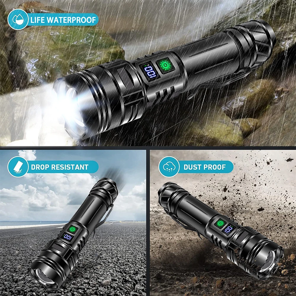 High Power LED Flashlight Type-C USB Rechargeable Long Range Tactical Torch Strong Light Lamp Outdoor Ultra Powerful Flash Light