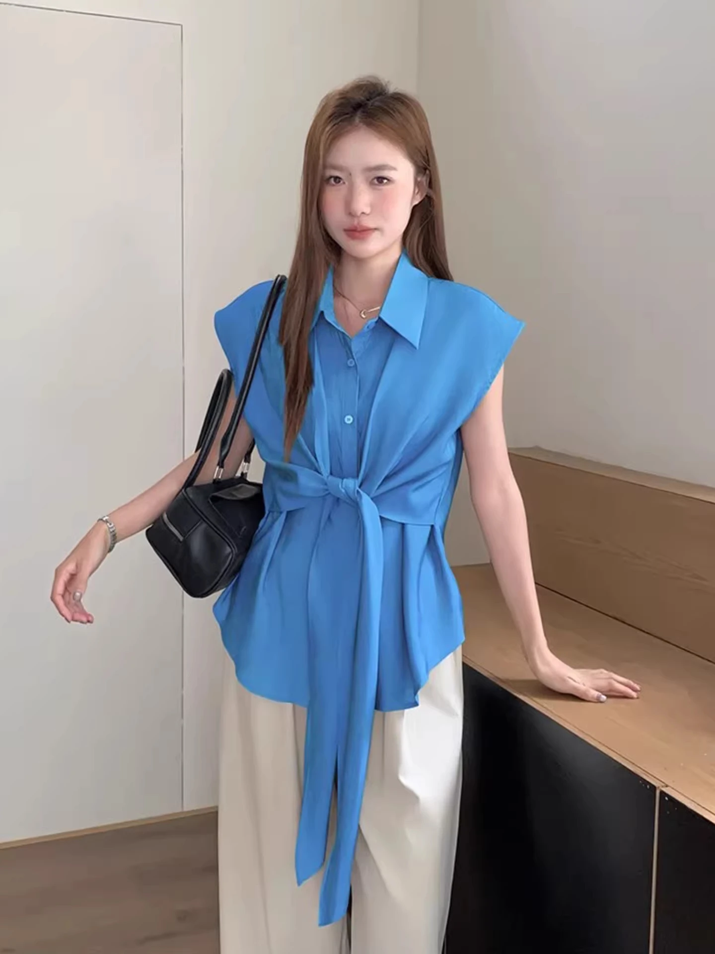 

Clothland Women Sweet Candy Color Blouse Sleeveless Basic Sashes Shirt Female Summer Chic Fashion Tops Mujer WA432