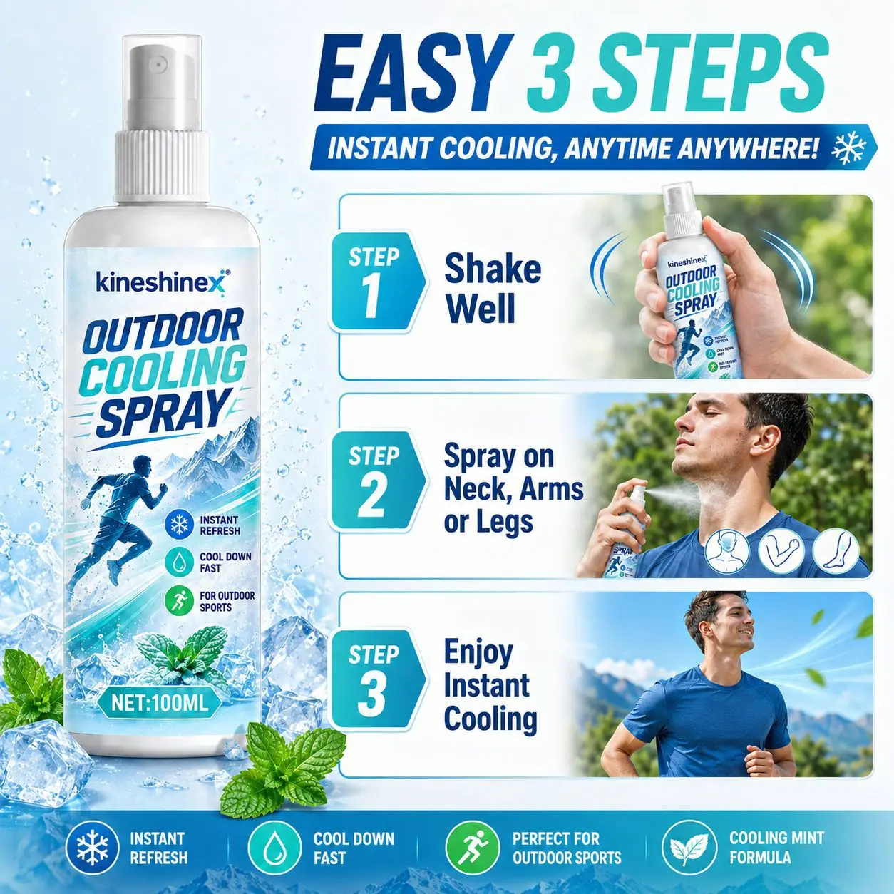 Outdoor Cooling Spray 100ml–Instant Refresh for Running,Cycling,Hiking,Camping,Fine Mist Cooling Mint Formula,Beat the Heat Fast view 3