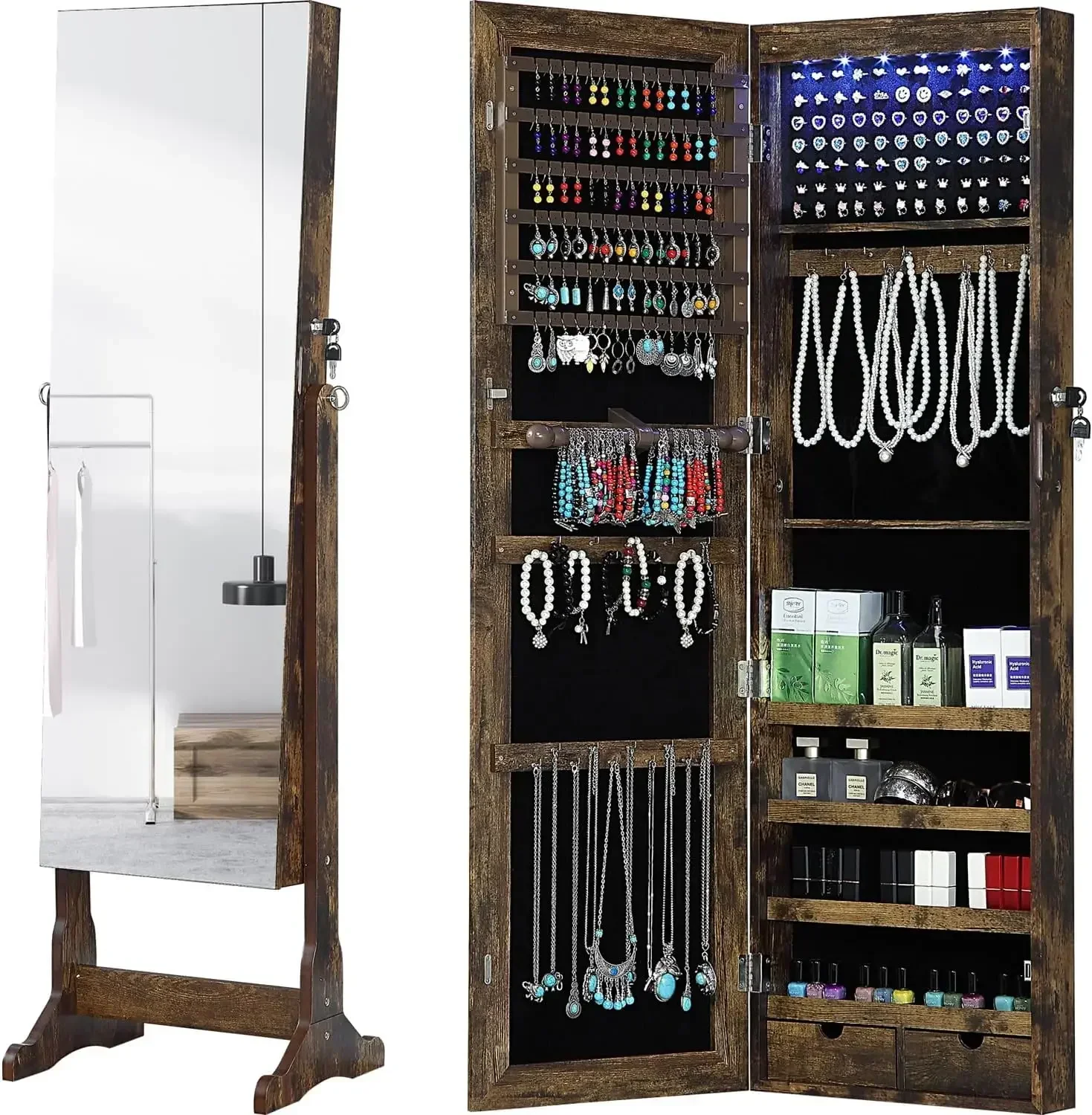 Organizer Full Length Mirror Jewelry Cabinet Standing/Wall Mounted Jewelry Armoire Storage with Lights Lockable,