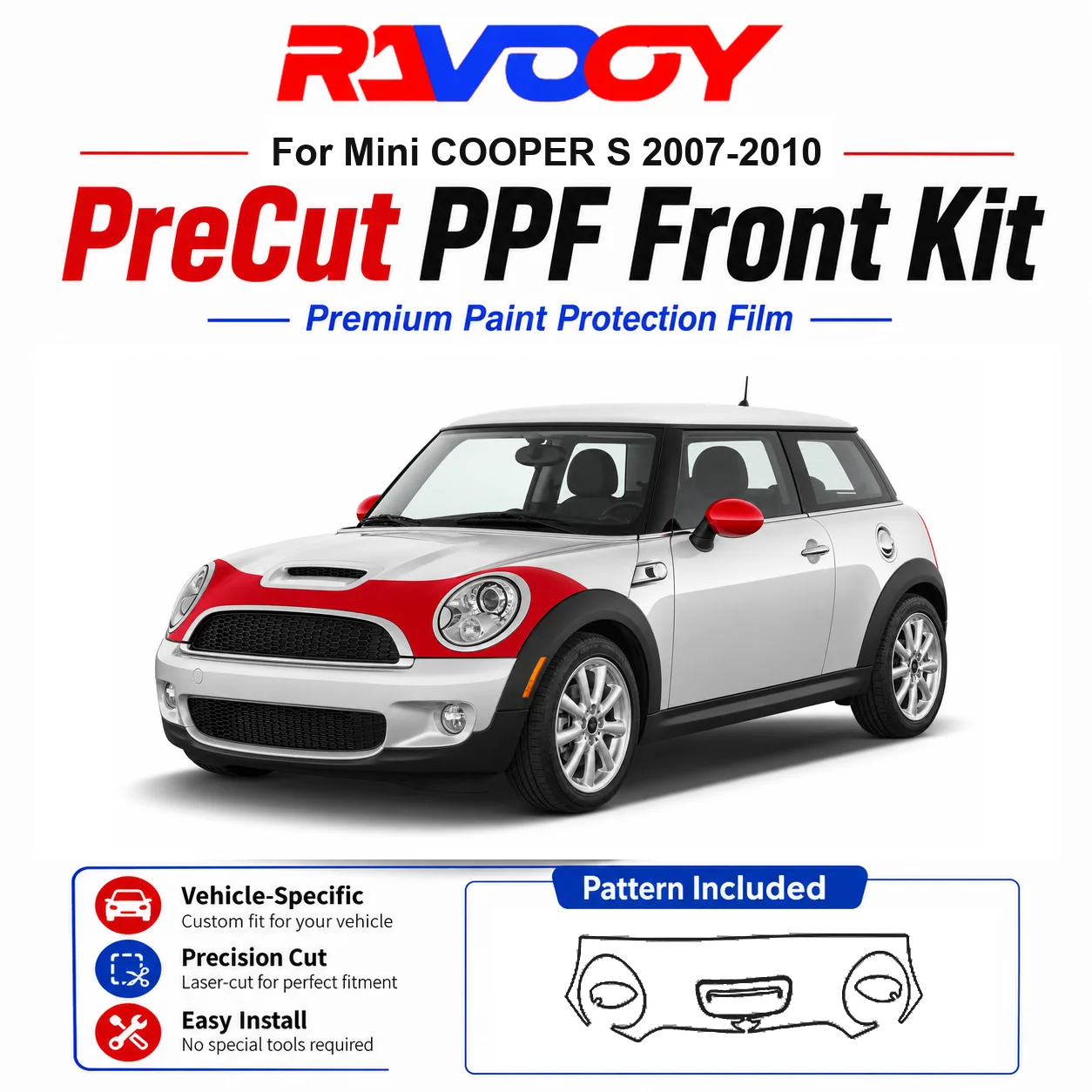 

8.5mil TPU Precut PPF Kit For MINI COOPER S 2007-2010 - Hood, Fenders & Mirror Set - Self-Healing Clear Bra Film