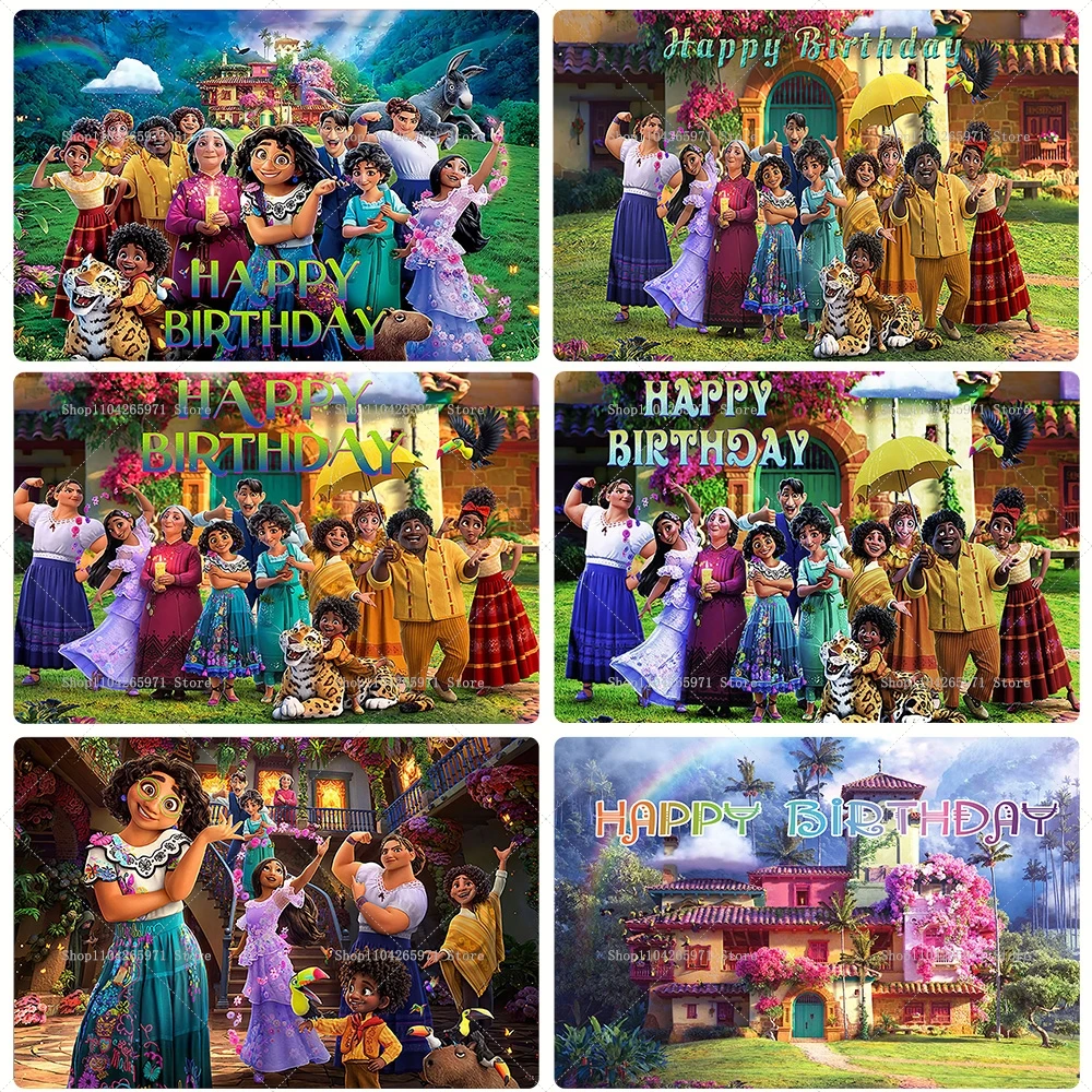 Banner de Fundo Encanto Feliz Aniversário Tema Mirabel Casita Casa Mágica Decoração de Festa para Crianças Meninos e Meninas Suprimentos para Fotos