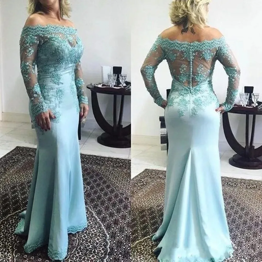 Turquoise Mermaid Mother Of The Bride Dresses Off Shoulder Appliques Long Sleeves Party Gowns Wedding Guest Dress