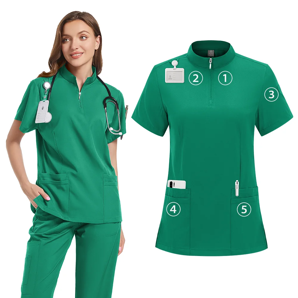 Vente en gros 7 couleurs fermeture éclair col en v à manches courtes poche soins infirmiers haut de travail pantalon uniforme solide respirant doux tenue de femme costume