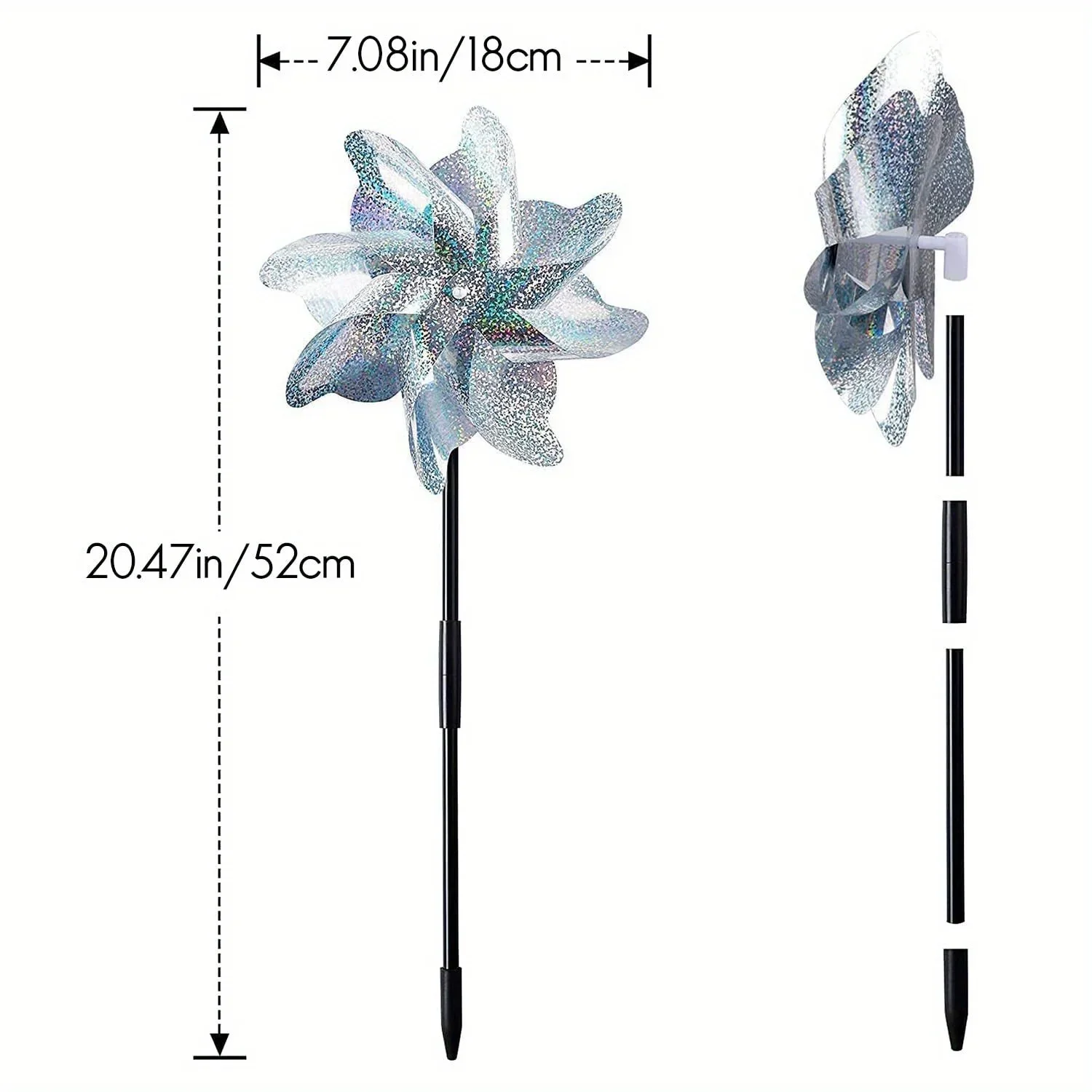 Sparkly Silver Reflective Pinwheels 3Pcs With Stakes Bird Repellent Wind Spinners For Backyard Lawn Garden Bird Control Ornament