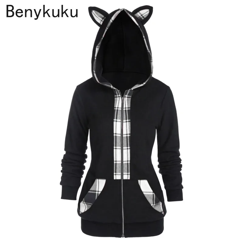 Women Long Sleeve Hoodies Kawaii Cat Ears Hooded Gothic Punk Harajuku Gothic Black Plaid Sweatshirts 2024 Aumnt Winter Coat