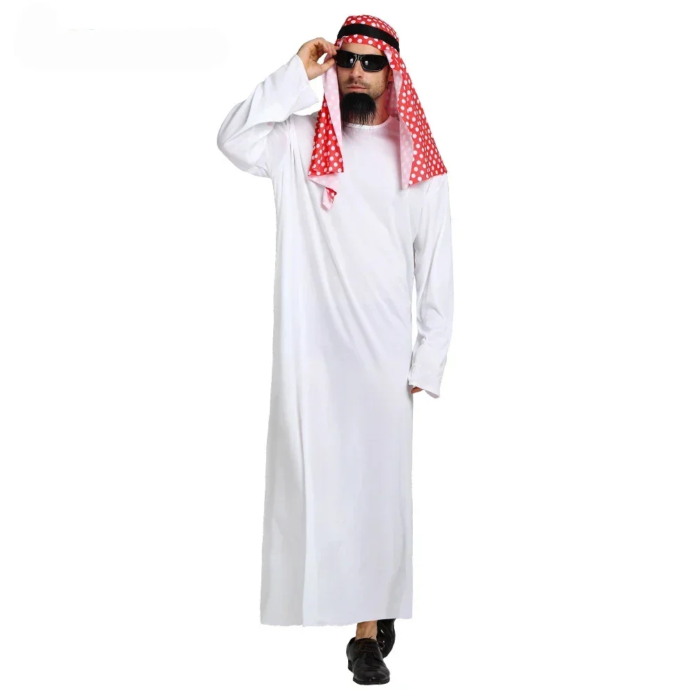 Men Arabian Prince Costume Set, White Robe with Red Check Headscarf & Fake Beard, Halloween Carnival Masquerade Fancy Dress