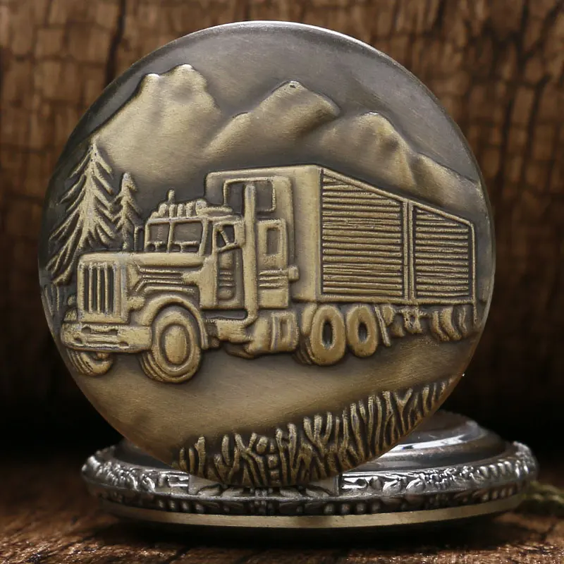 Vintage Classic Steampunk Bronze Truck Pattern Pendant Necklace Chain Clock Quartz Pocket Watch Exquisite Gift For Men and Kids