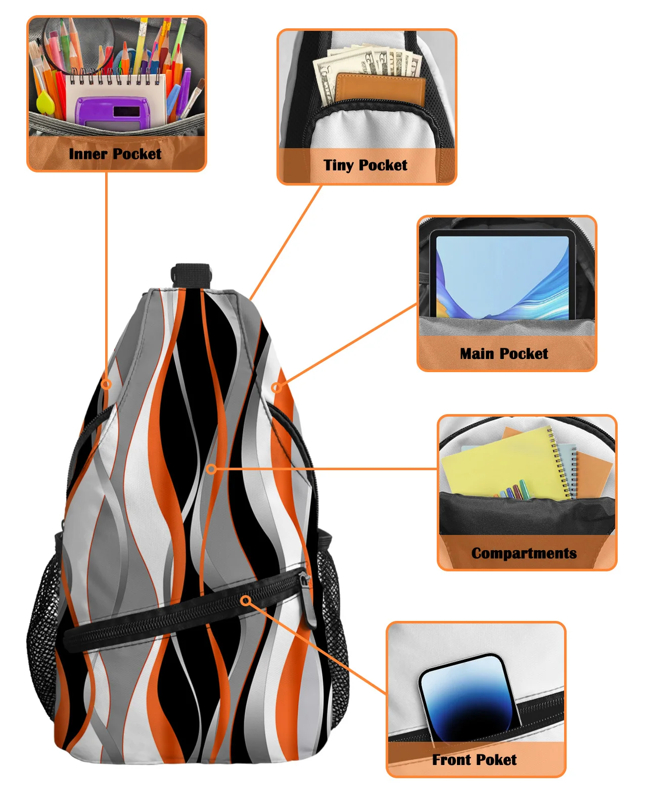 Bolso de pecho naranja degradado de líneas abstractas para mujeres y hombres, bolsos de mensajero impermeables, bolso cruzado de un hombro, bolso deportivo de viaje femenino