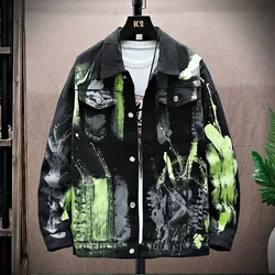 Button Hip Hop Black Male Jean Coats Men's Denim Jacket Wite Autumn Winter Outerwear Rock Worn Menswear One Piece 2025 Oversize
