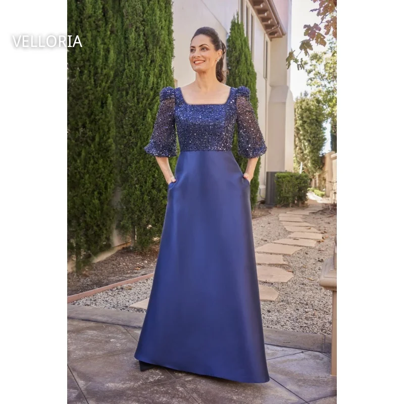 فستان سهرة نسائي أزرق لامع أنيق بأكمام طويلة ورقبة مربعة مناسبة رسمية فساتين زفاف ترتر حسب الطلب