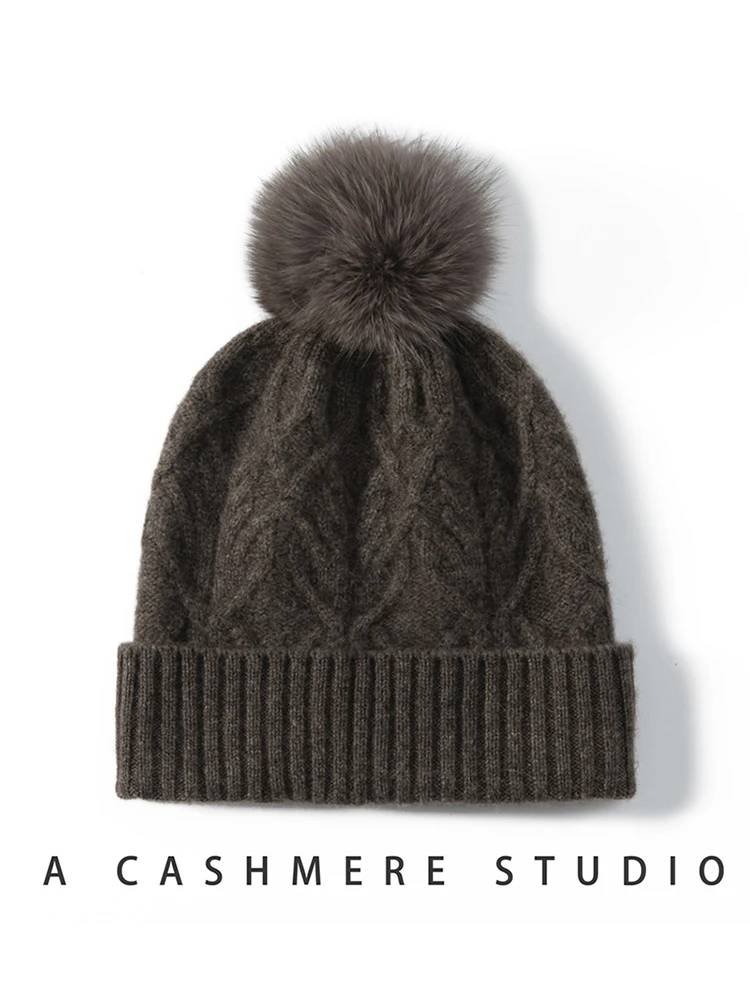 TLOML Women's 100% Cashmere Cable Knitting Hats Autumn Winter Cashmere Hat Warm Pullover Caps Casual Simple Style Cashmere Hats