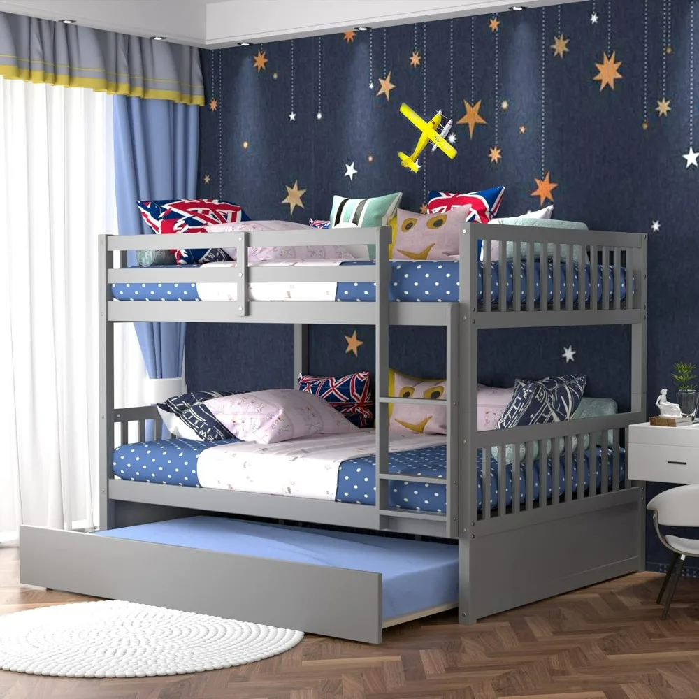 

Bunk Beds, Full Over Full with Trundle for Kids Teens, Convertible Solid Wood Full Bunk Bed Frame with Trundle Guard Rail Ladder