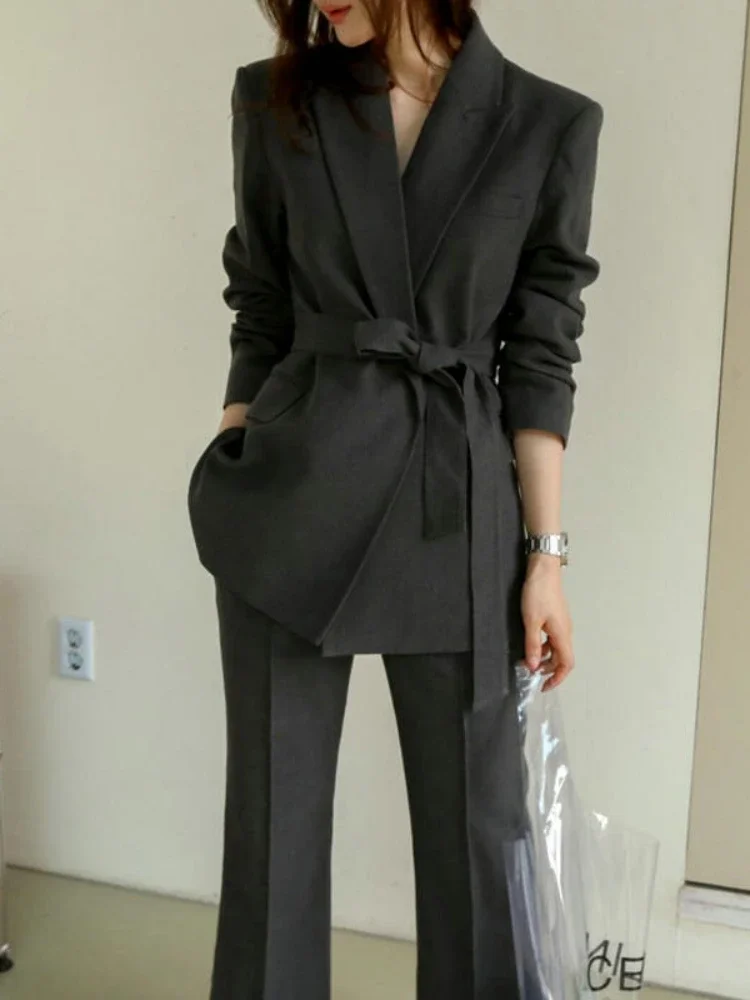 

Insozkdg Suit Women Office Ladies Blazer Korean Lace Up Jacket High Waist Long Pants Loose Female Suits Two Pieces Sets Business