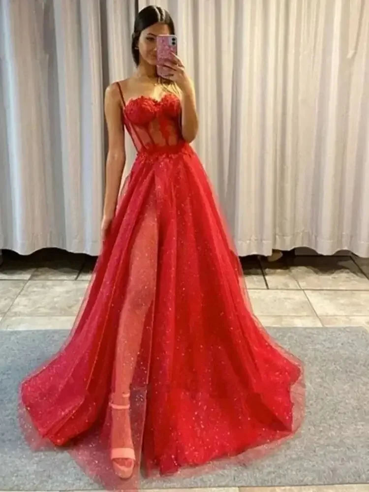 Robe de soirée en Tulle brillant, Sexy, col en v, bretelles, dentelle appliquée, ligne a, fente latérale haute, robes de bal formelles