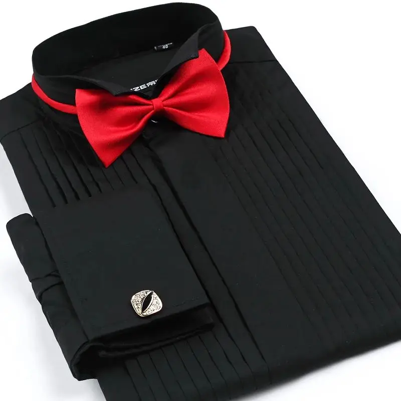 Men's French Cuff Tuxedo Shirt Color Wing Tip Collar S Special Wide Fit Fleece Lined Thickened Nine-Quarter Sleeve  Collar