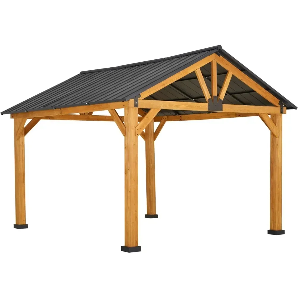 

11' x 13' Hardtop Gazebo with Galvanized Steel Roof, Wooden Frame, with Ceiling Hook Permanent Pavilion Outdoor Gazebo