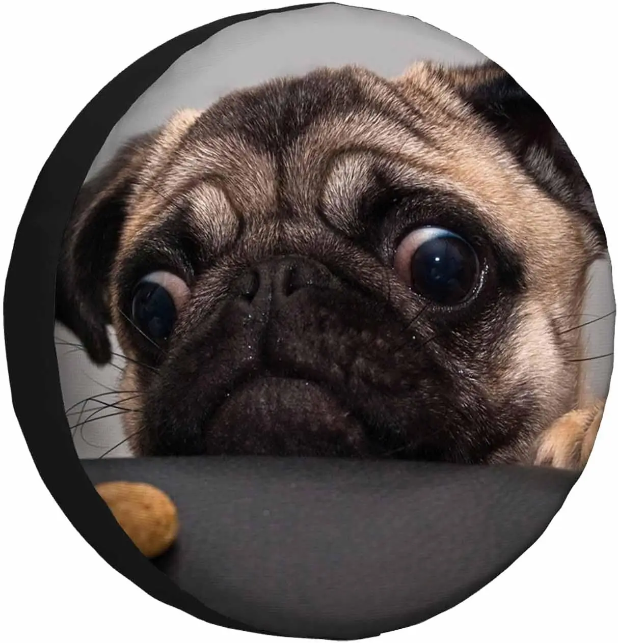 Cubierta de neumático de repuesto para perro Pug, protector de rueda Universal para Camper, Cara de mascota divertida, ojos, lindo cachorro triste, mira a una galleta