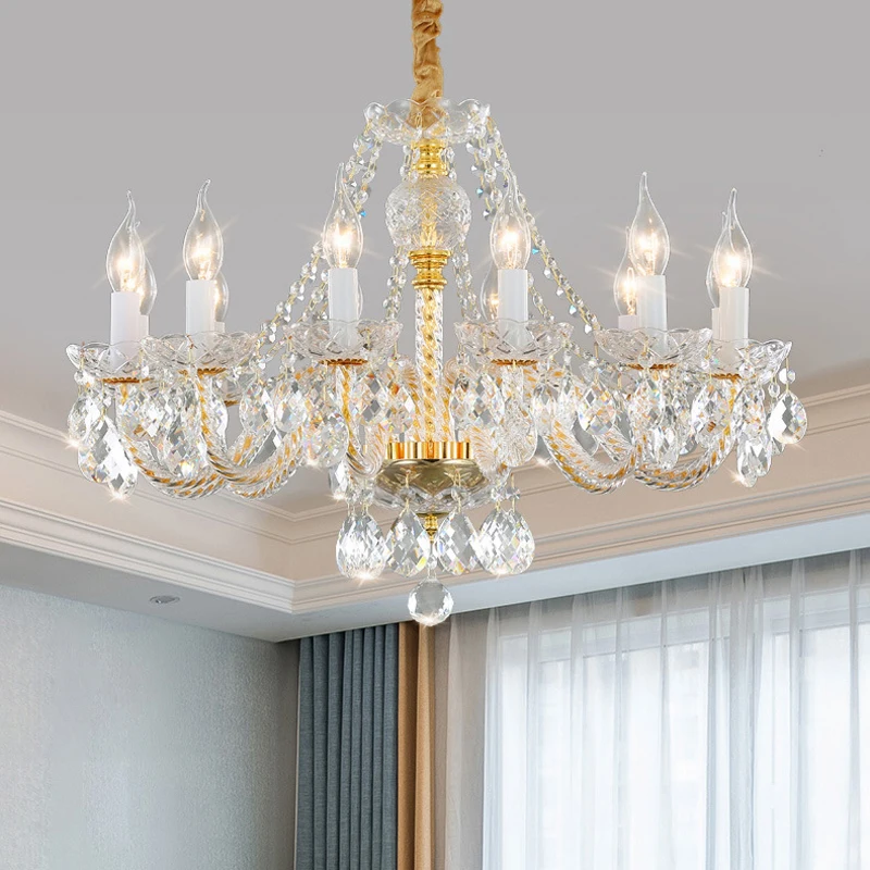 

European Style Living Room Crystal Gold Chandelier White Simple Atmosphere Bedroom Candle Pendent Lamp Blue Luxury Villa Lights
