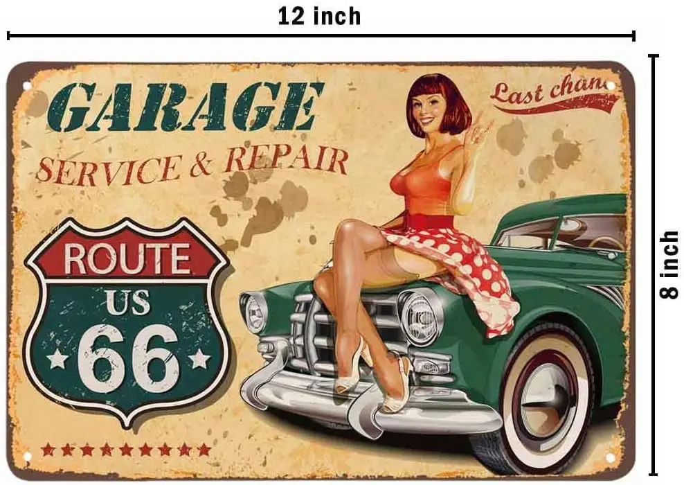 AOYEGO Pin Up Tin Sign,Route 66 Garage Service Repairs Women Sit On the Green Car Vintage Metal Tin Signs for Cafes Bars Pubs Sh