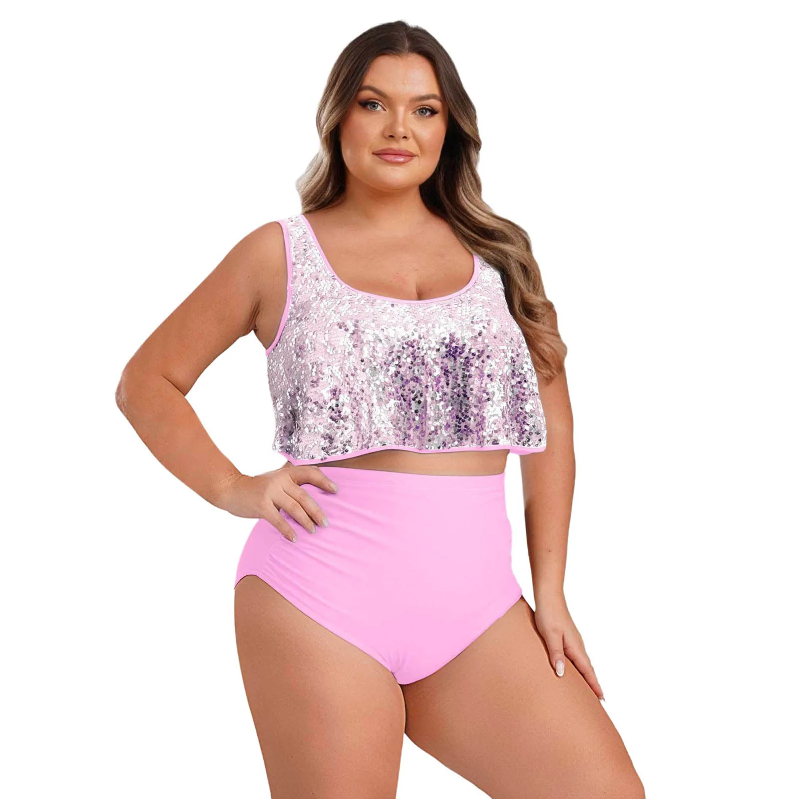 

Women Fashion Shiny Swimsuit Swimwear Beachwear Sleeveless Flounce Sequins Tops with High Waist Bottom One Piece Swimming Suit