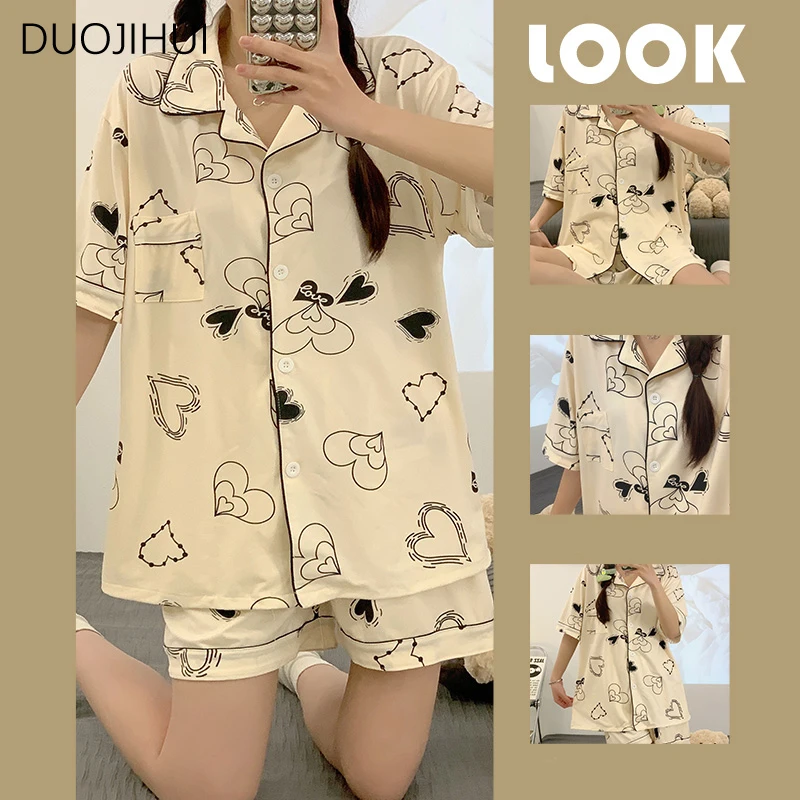 

DUOJIHUI Ins Chic Print Sweet Two Piece Female Pajamas Sets New Button Cardigan Basic Pant Fashion Casual Home Pajamas for Women