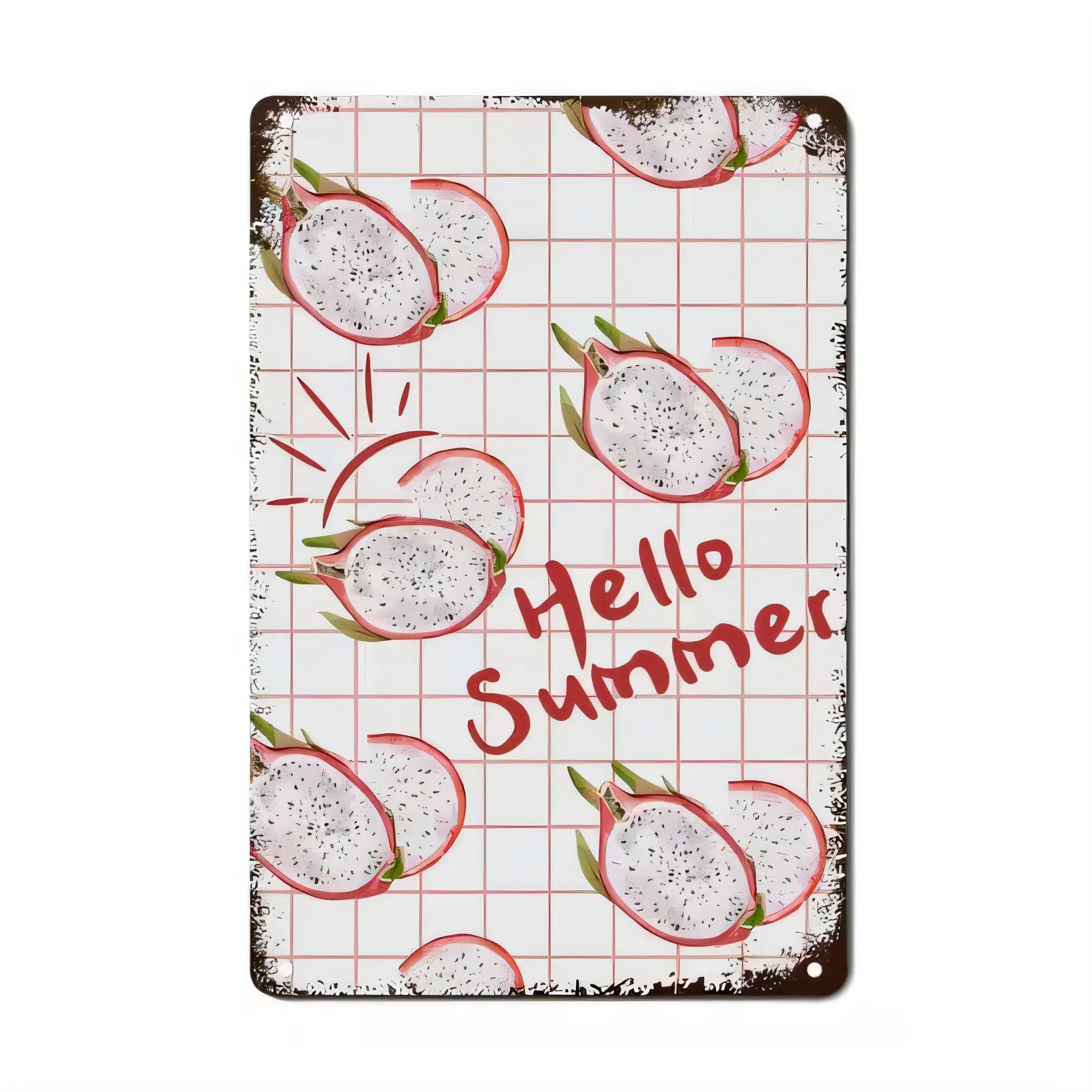 Tin Sign Hello Summer Cute Lemons on Grid Background Vintage Metal Wall Decor for Kitchen Bar Cafe Home Office Retro Style   Rus