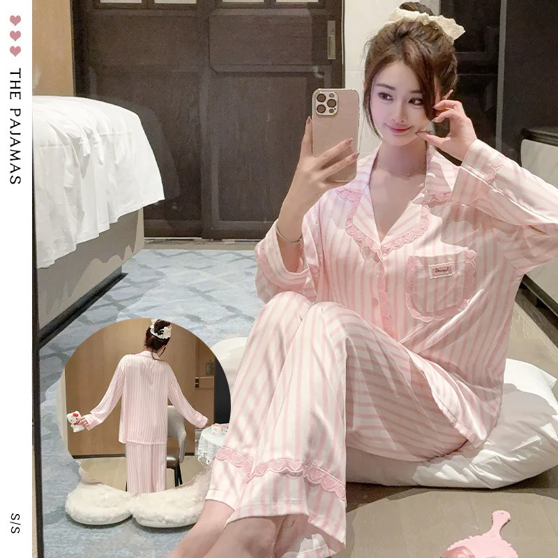 Korean version ice silk loose and comfortable lace home clothes pajamas striped sweet and comfortable long sleeved women pajamas