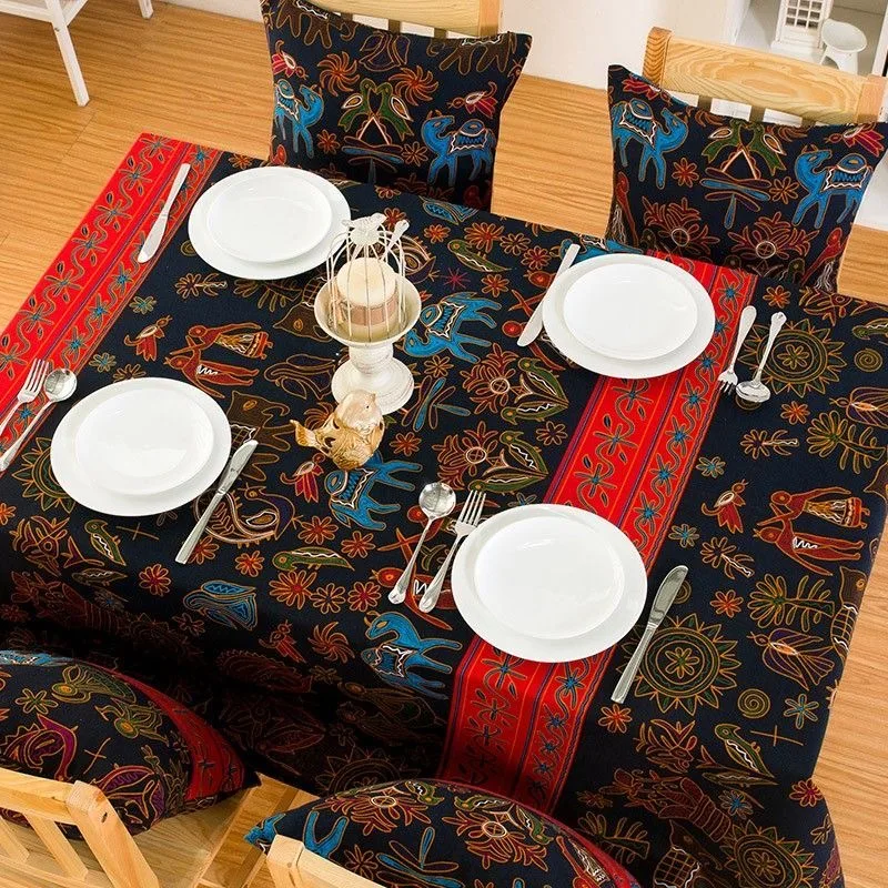 Ethnic Style Cotton and Linen Tablecloth with Retro Pattern Printing, Southeast Asian Cloth, Soft Tea Table Cover Towel