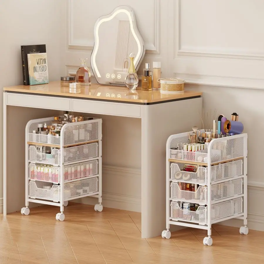 

Makeup Cart Organizer with 3 Drawers, 4Tier Narrow Floor Skincare Organizers with dividers, Vanity Organizer Cosmet Customizable