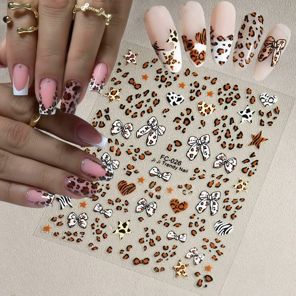 

3D Leopard Bow Heart Nail Stickers Kawaii Leopard Print Ribbon Star Nail Art Decals Autumn Winter 8*10cm Manicure Decorations