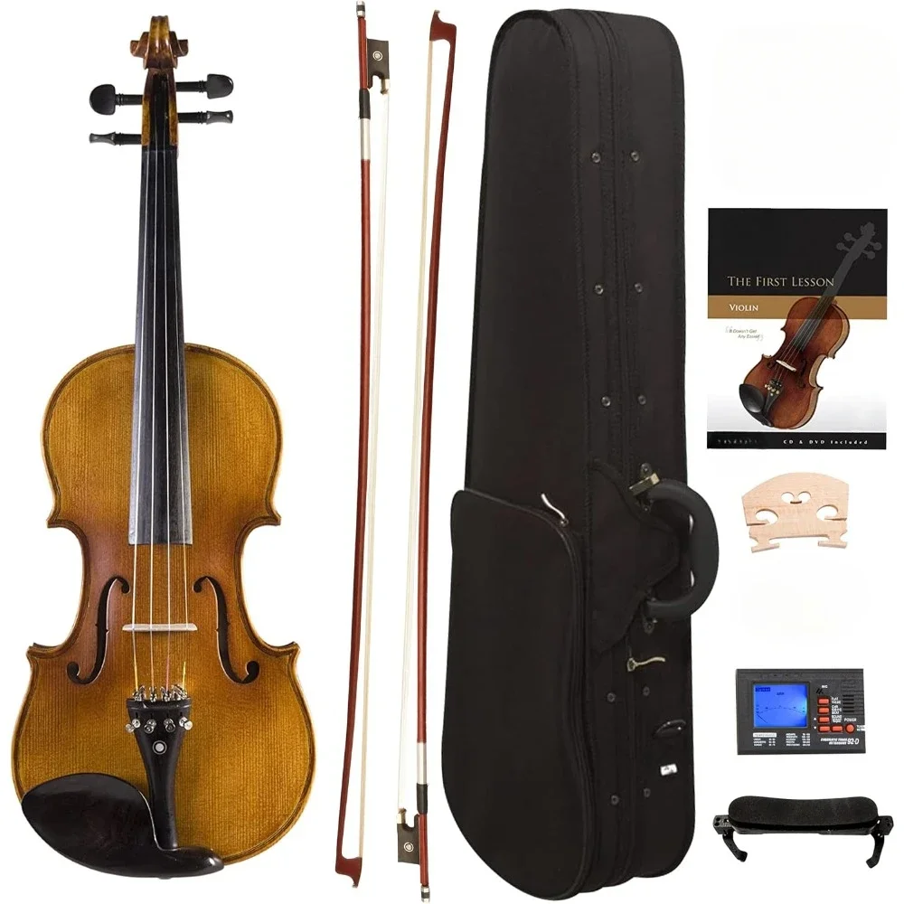 Violin,  with A Solid Spruce Wood Top Size 4/4 (Full Size) Solidwood Ebony Fitted Violin with D'Addario Prelude Strings