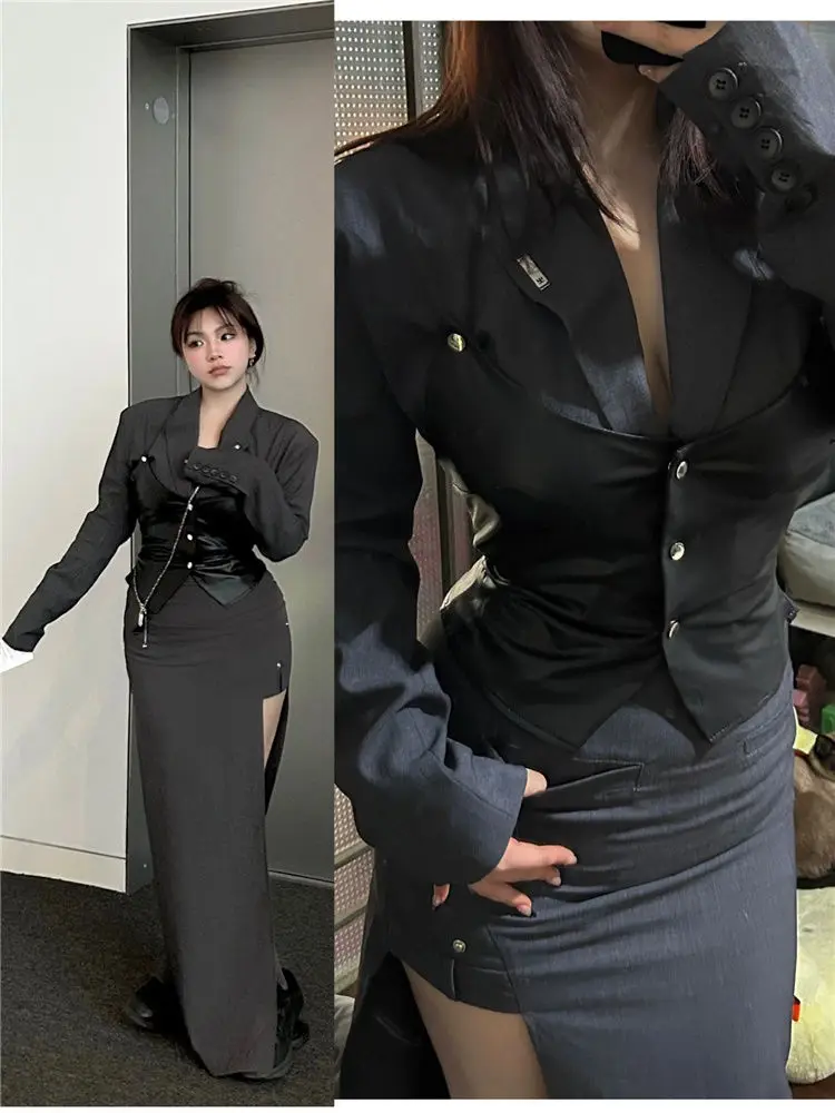 Spring and Autumn Fashion Niche Spicy Girl Style Long Sleeved Suit Jacket Half Skirt 3-piece Set