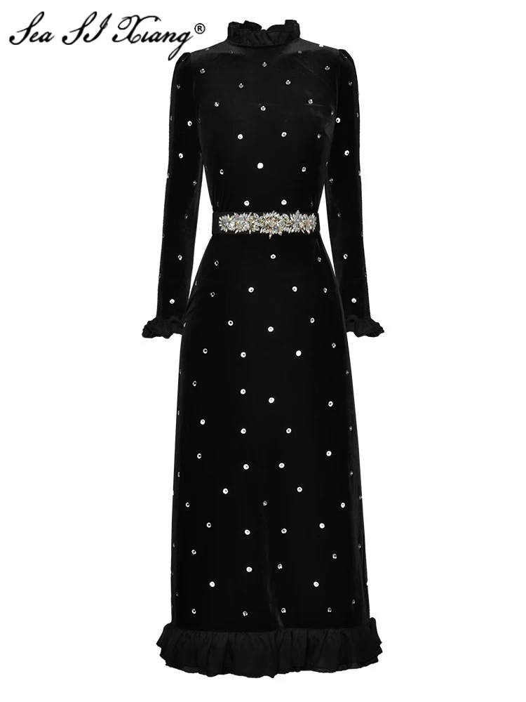 

Seasixiang Fashion Designer Autumn Velvet Dress Women Ruffled Collar Long Sleeve Belt Crystal Diamonds Vintage Dresses