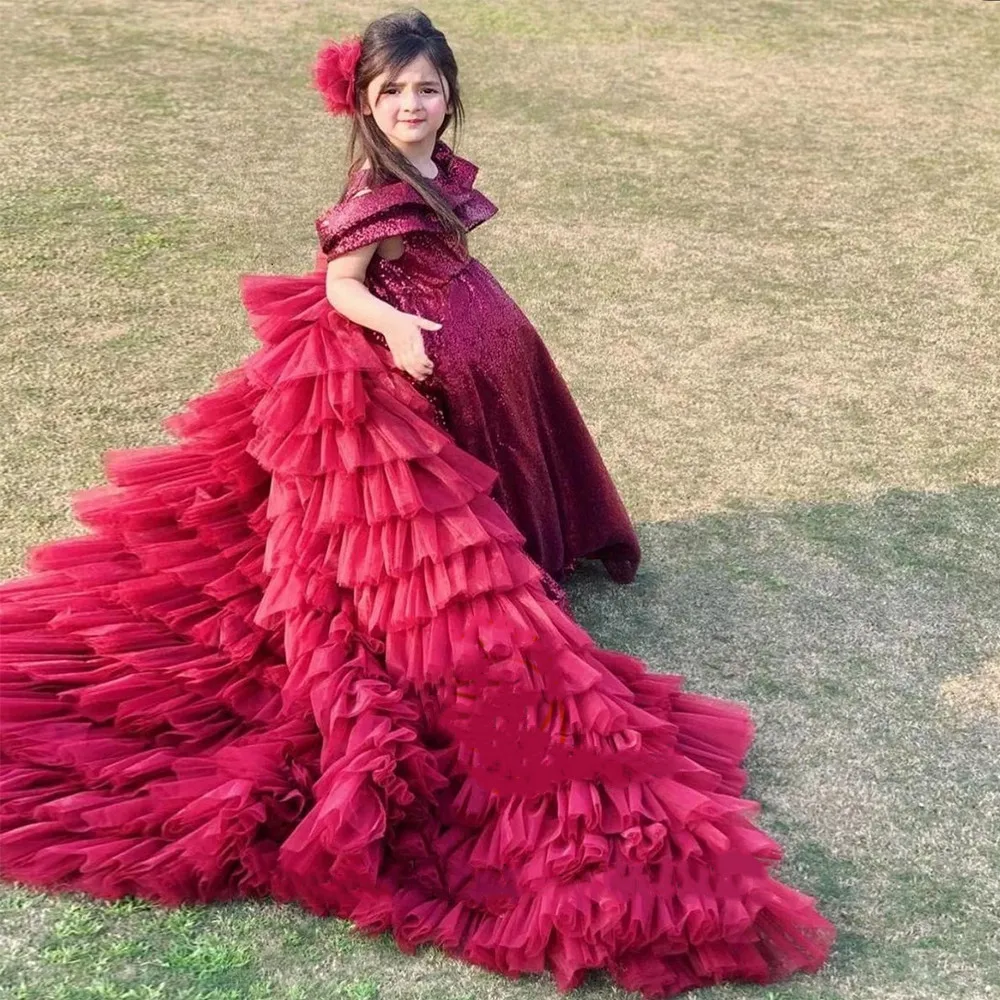 

Luxurious Red Flower Girls Dresses Tulle Tiered Wedding Gown Girls Birthday Party Dress Christmas New Year Dress Gift 1-14Years
