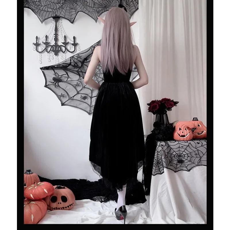 Women Gothic Style Dress Autumn New Dark Sexy Hottie Slim Hanging Neck Tie Waist Drag Hem Dress Female Gothic Style Halloween