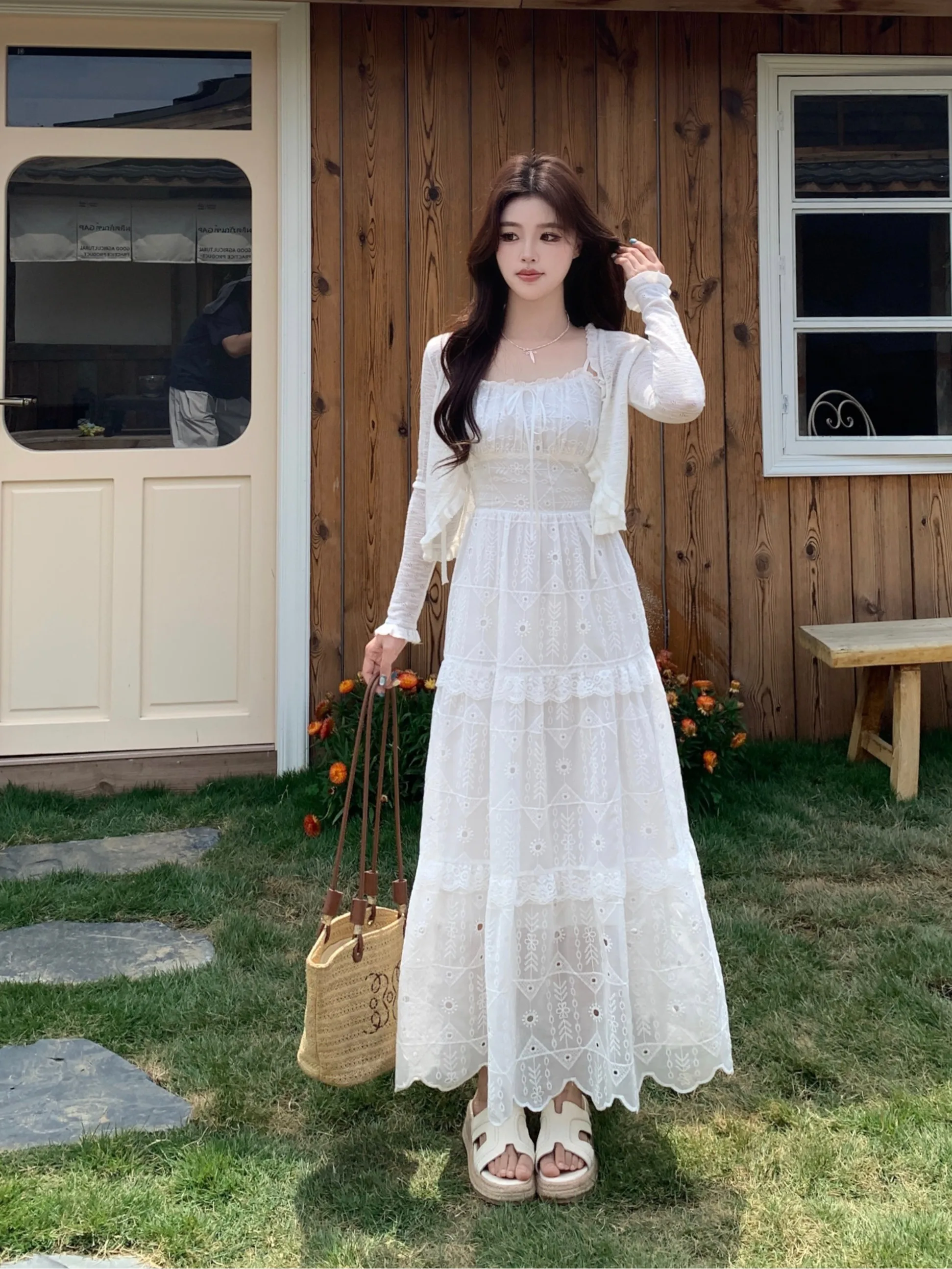 

plus Size Gentle Style Summer New Heavy Embroidery Lace Trimed Strap Dress Cardigan Top Set Korean Style Slim Fit High Waist
