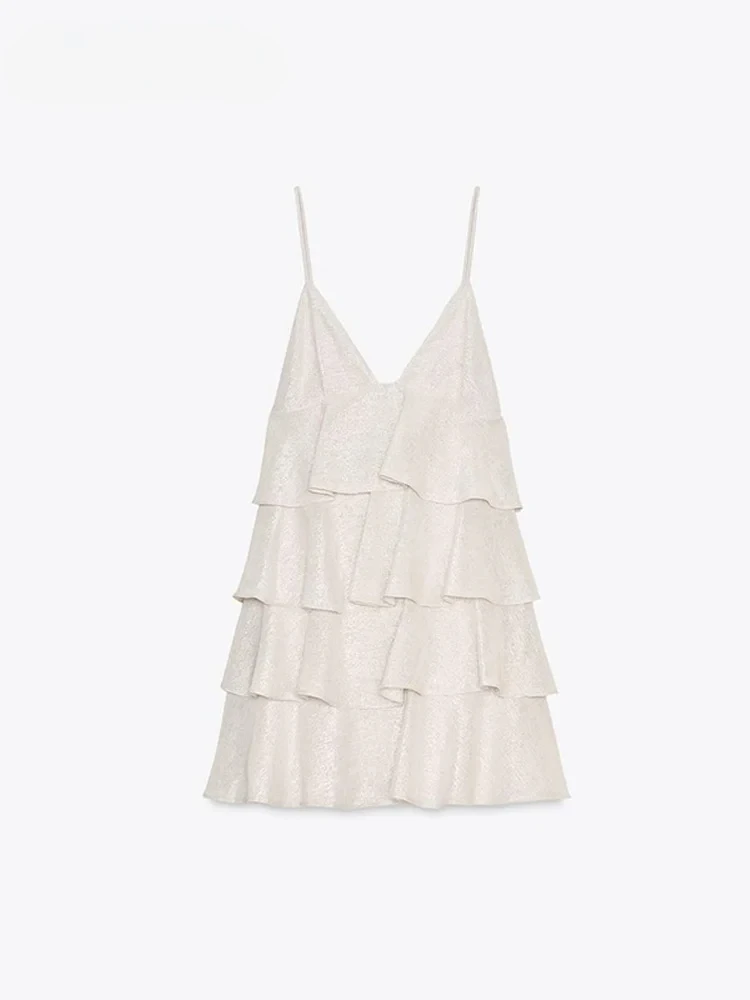 섹시한 캐스케이딩 러플 숏 슬링 드레스 여성용 브이넥 민소매 백리스 케이크 드레스 여름 여성용 글리터 파티 프롬 가운