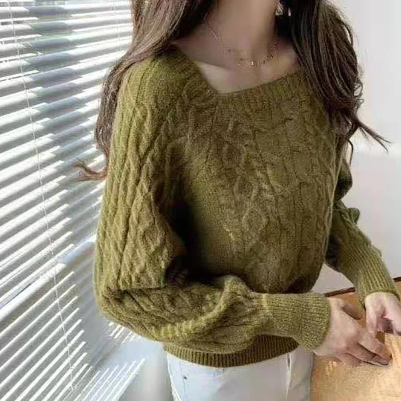 Women Square Neck Thicken Rib Sweaters Lantern Sleeve Loose Office Knit Pullovers Women Fall Winter Casual Solid Warm Sweaters