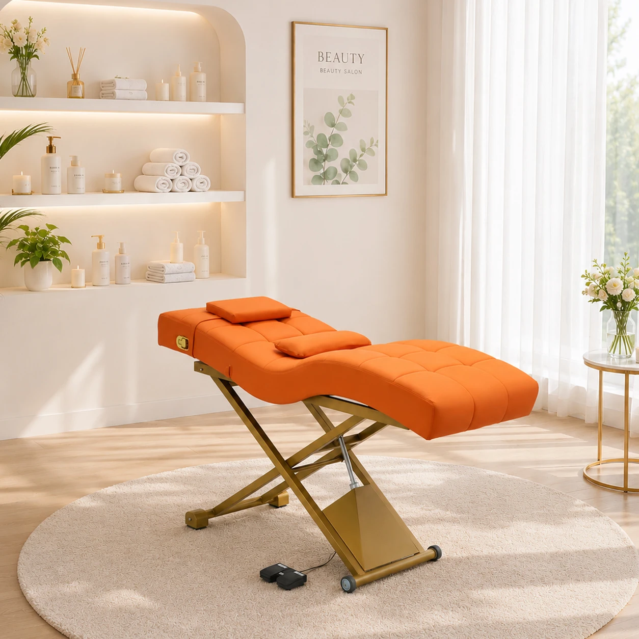 Electric Adjustable Orange Beauty Massage Bed Gold Metal Frame Hydraulic SPA Facial Bed Reclining Tattoo Chair for Salon Beauty