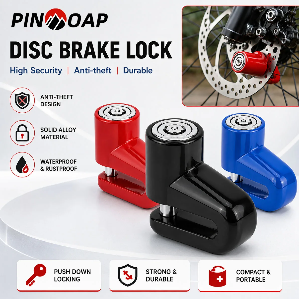 PINMOAP 1PC Waterproof Bicycle Disc Brake Lock Heavy Duty Anti Theft Security Fit Bike MTB Scooter Motorcycle Outdoor Cycling