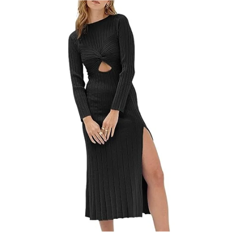 Bandage gebreide jurk met lange mouwen, sexy knoop hoge split uitgehold mode effen lange jurk outfits, strand bikini cover-up