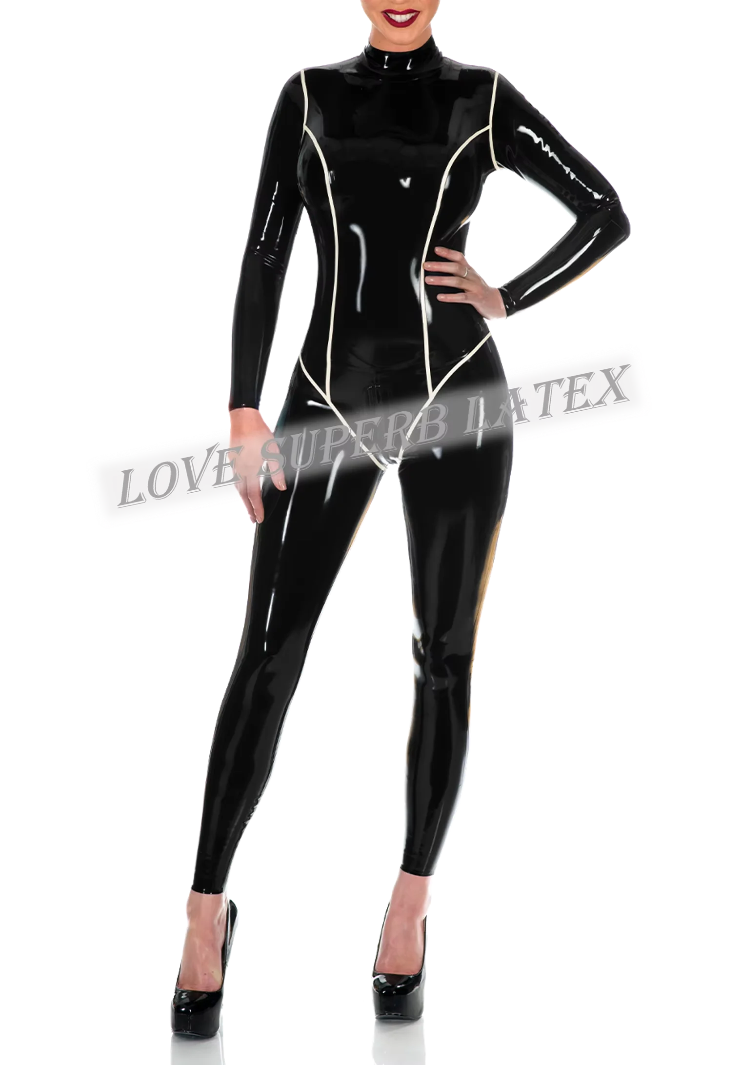 

Handmade Natural Latex Duchess Catsuit Cool Style Black with White Trim Back Crotch Zipper Party Club Women's Wear Custom