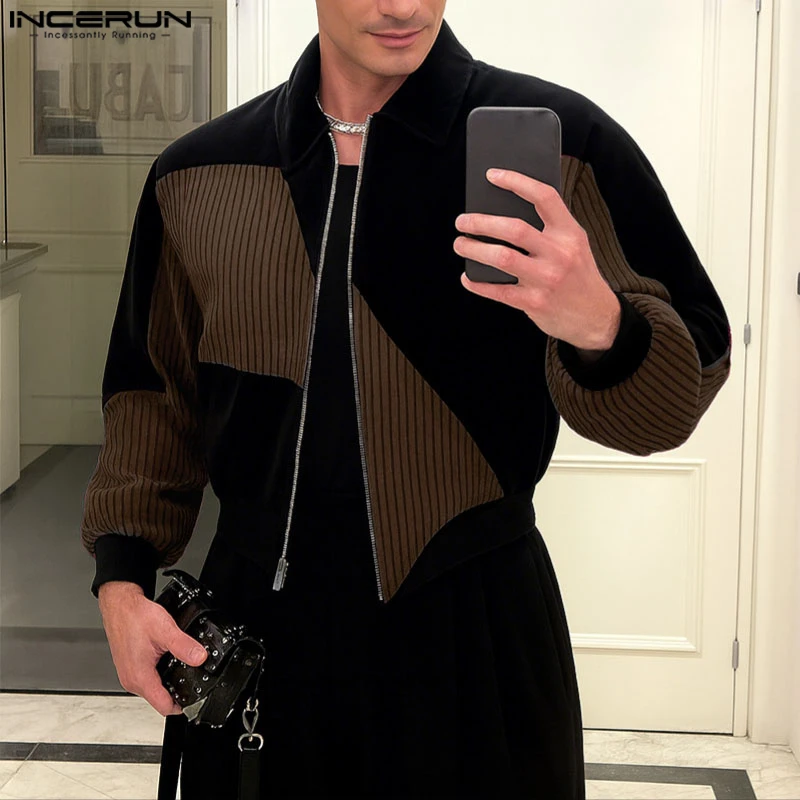 

INCERUN Men Jackets Patchwork Lapel Long Sleeve Zipper Casual Male Coats Streetwear Loose 2025 Fashion Outerwear Jackets Men