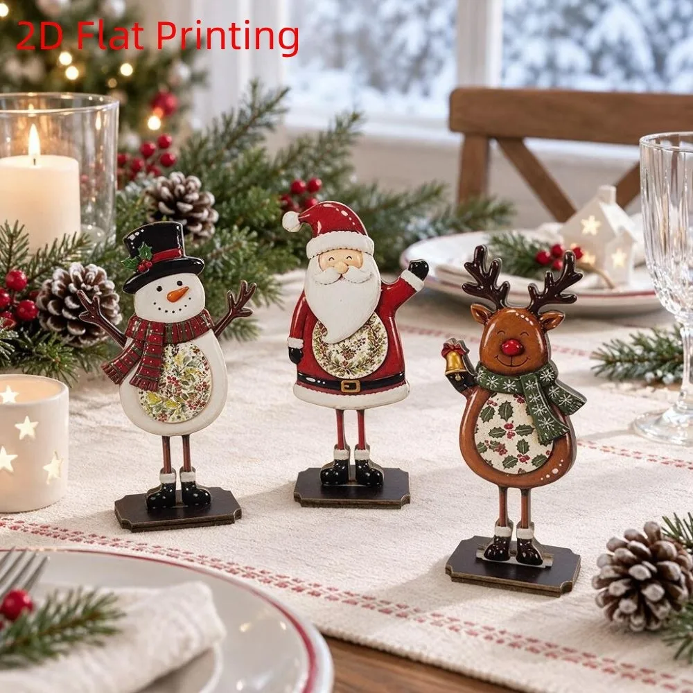 Wooden Santa Claus Tabletop Ornament Cartoon Rustic Holiday Reindeer Desktop Ornament 2D Flat Printing Slot in Base