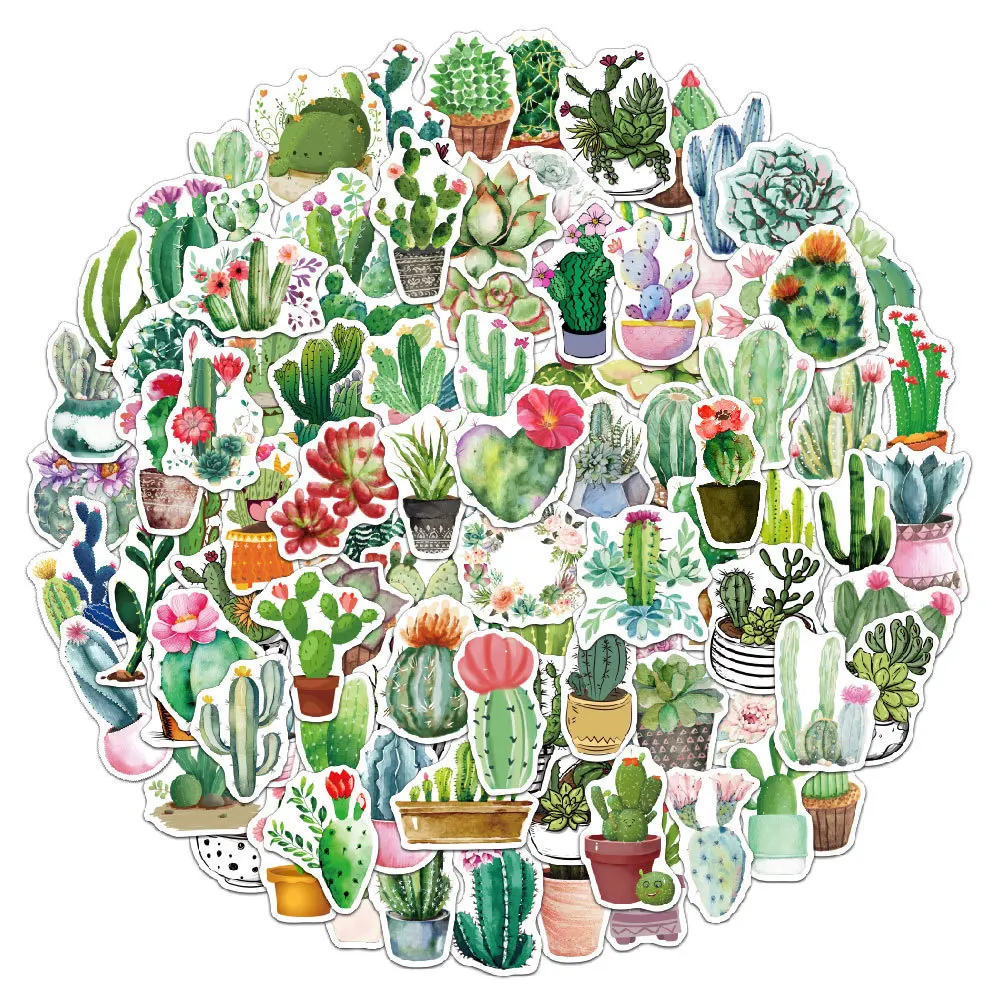 45Pcs/Pack Cactus Stickers Waterproof Stationery Kawaii Stickers Watercolor Plants Vinyl Stickers For Laptop Luggage weed